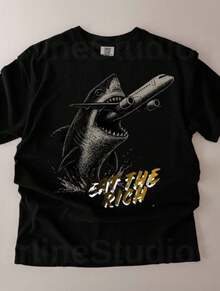 Eat The Rich Shark Tee, Anti Capitalist Graphic T-Shirt, Grunge Jet Plane Shark Design - 黑色 - 查看 1