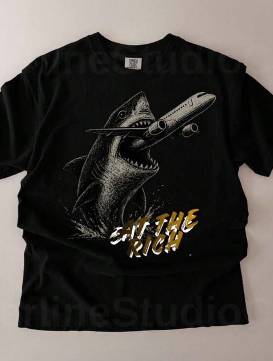 Eat The Rich Shark Tee, Anti Capitalist Graphic T-Shirt, Grunge Jet Plane Shark Design - 黑色 - 查看 1