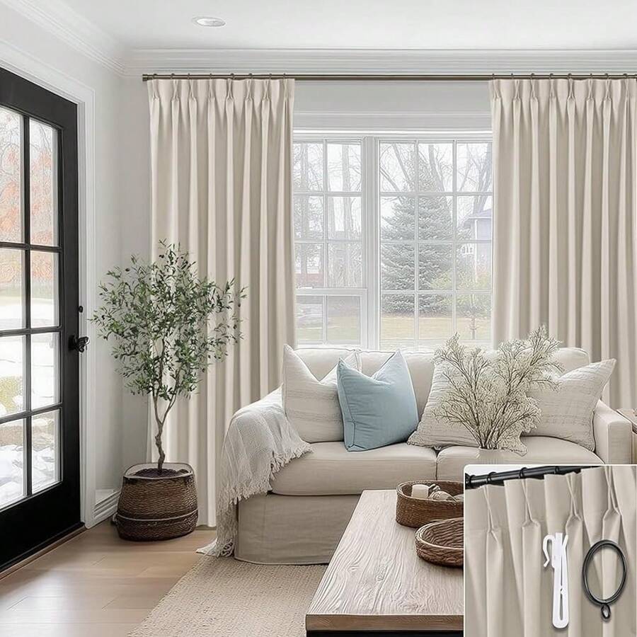 White Greyish Blackout Curtains 96 Inches Long, Pinch Pleated Linen Blackout Curtains Bedroom 2 Panel Set, Home Decor - Warm Beige (Creamy Beige) - View 1