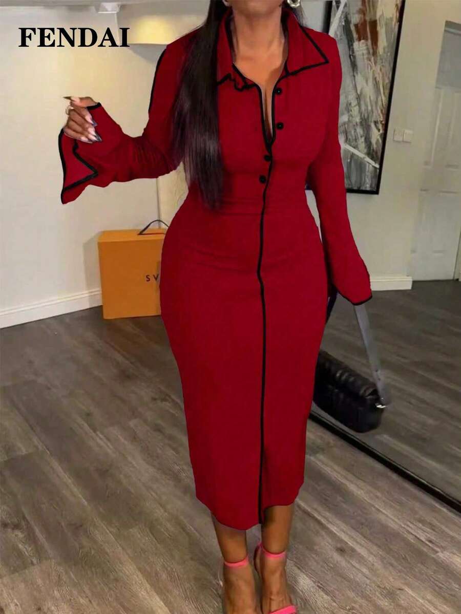 FENDAI Damen Kleid in Große Größen für Frühling/Sommer, Frühlings-/Sommerkleid in Lila mit enganliegendem, elegantem Strick, Kontrastbesatz mit Overlock-Naht, Schlitzmanschetten, Knopfverzierung vorne, geeignet für Büro, Party, Valentinstag