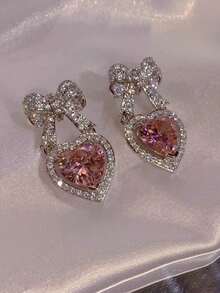 1 Pair Pink Crystal Heart Earrings, Rhinestone Bow Cute & Sweet Earrings For Women, Luxury Gift Suitable For Girlfriend Or Mother - Love - View 9