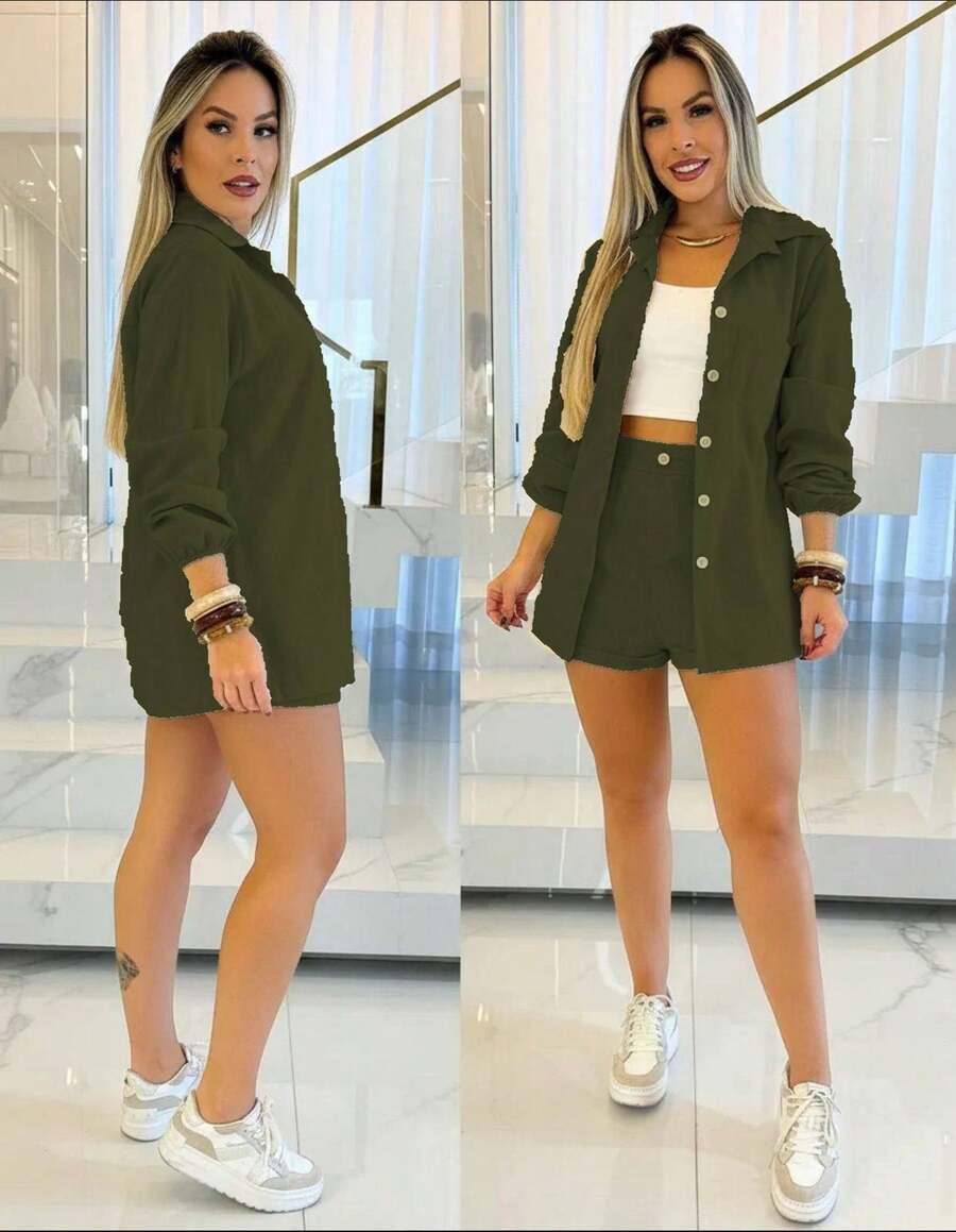 Linen Shirt And Shorts Set - 軍綠色 - 查看 1