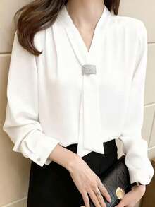 女士独特水钻领结领职业衬衫 - 白色 - 查看 4