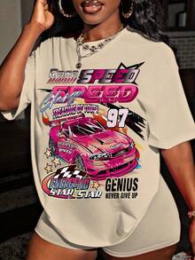Women's Y2K Racing Graphic T-Shirt, Retro Speed Text Print, Loose Fit Streetwear Top, Short Sleeve Summer Casual Tee, Motorcycle Inspired Fashion - 杏色 - 查看 12
