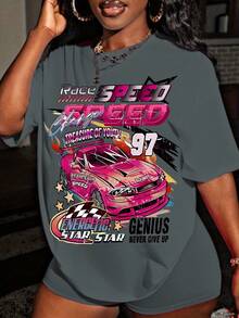 Spring Tops Women's Racing Pattern T-Shirt - Y2K Retro Racing Design Speed Text Print - Non-See-Through Loose Top, Suitable For Motorcycle Sports And Daily Street Wear - Spring Summer Women's Clothing, Short Sleeve T-Shirt, Bright Print Shirt Loose And Comfortable Summer - hồng - Xem 9
