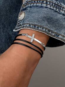 1条可调节多层交叉缠绕手链，PU皮革腕带饰品，适合日常佩戴、通勤、音乐节等场合。 - 彩色 - 查看 3