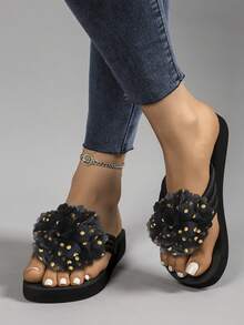 1 Pair Floral & Polka Dot Print Fashionable Flat Thong Sandals, Suitable For Beach, Vacation, Outdoor, All Seasons - Black - View 1