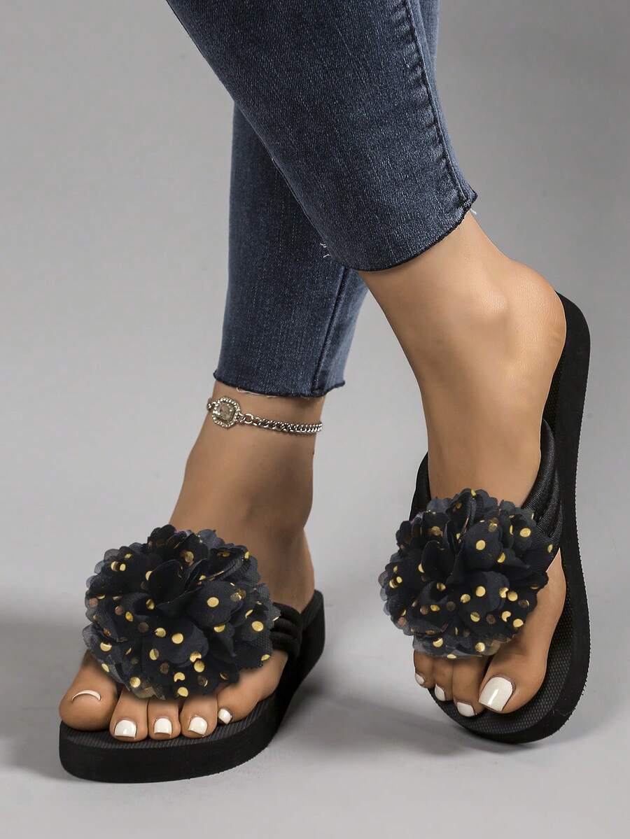 1 Pair Floral & Polka Dot Print Fashionable Flat Thong Sandals, Suitable For Beach, Vacation, Outdoor, All Seasons - Black - View 1