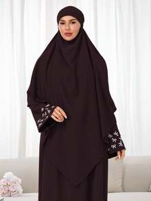 两件套：头巾+长袍，袖口刺绣设计，宽松舒适的穆斯林服饰，适合女性日常穿着和祈祷，四季皆宜 - 彩色 - 查看 6