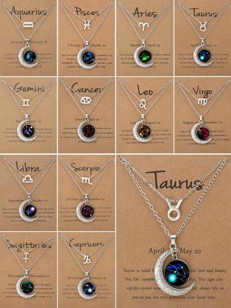 2 st/set 12 stjärnbilder symbolhängande halsband, lysande månformat vintage halsband, gränsöverskridande New Style Zodiac Paper Card Halsband, nyckelbenskedja