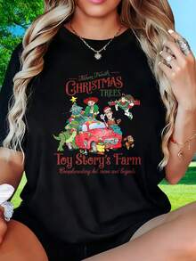 Toy Story Farm Fresh Christmas Trees T Shirt Holiday Cartoon Character Graphic Tee Complementary Hot Cocoa And Beignets Design Women Casual TopDisney Fun Prints, Suitable For Christmas Parties, Holiday Gatherings, Outdoor Activities, Sports, Holiday Gifts, Women's T-Shirts, 220g - màu đen - Xem 4