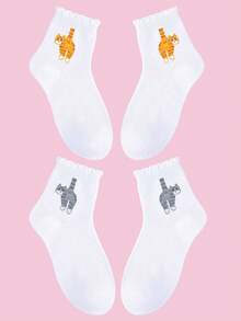 1/2/5 Pairs Cat & Bell Design Casual Mid-Calf Socks, Bubble Opening, Ruffled Edge, Pleated Edge, Ladies' Socks Funny & Cute For Summer Of Novel And Creative Abstract Cat Socks, Cute Cat, Egg Jingle Bell Patterned Funny Crew Socks, Suitable For Summer Three-Dimensional Cat Egg Socks, Mid-Tube Socks, Cute And Funny Cats - Comfortable And Breathable, Suitable For Both Home And Outdoor Use - Pink - View 17