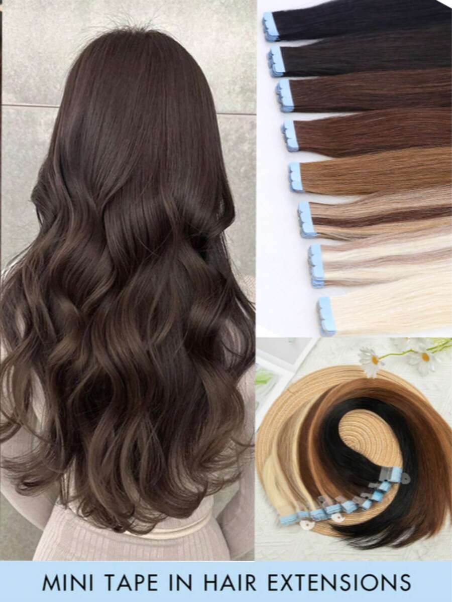 10pcs Mini Tape-In Hair Extensions, Real Human Hair, 12-22 Inch Straight, Invisible Seamless Adhesive, Suitable For Women, Christmas Gift - Multicolor - View 1