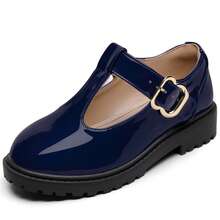 Girls Shoes School Mary Jane Uniform Dress Shoes Kids Loafers T-Strap Flats - Màu xanh navy bóng - Xem 2