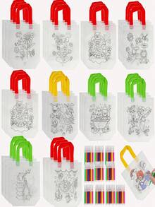 Kit de 30 Bolsas para Colorear con 60 Marcadores para Niños, Bolsas de Tela No Tejidas Reutilizables para Fiestas, Cumpleaños y Navidad, Divertido Juego de Arte DIY para Regalos - Multicolor - Ver 2