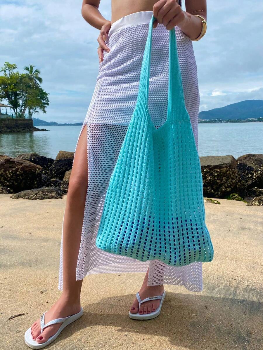 Women's Large Crochet Beach Bag, , With Shoulder Strap, Knitted, For Pool, Summer. - Cadet Blue - View 1