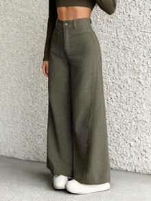 Women's Casual Pants, Elastic Waist Corduroy Patchwork Wide Leg Pants With Pockets, Suitable For Daily Wear, Winter Clothing - Army Green - View 1