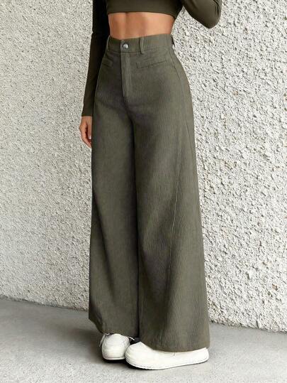 Pantalones casuales para mujer, pantalones de pana con cintura elástica, parche y pernera ancha con bolsillos, adecuados para uso diario, ropa de invierno