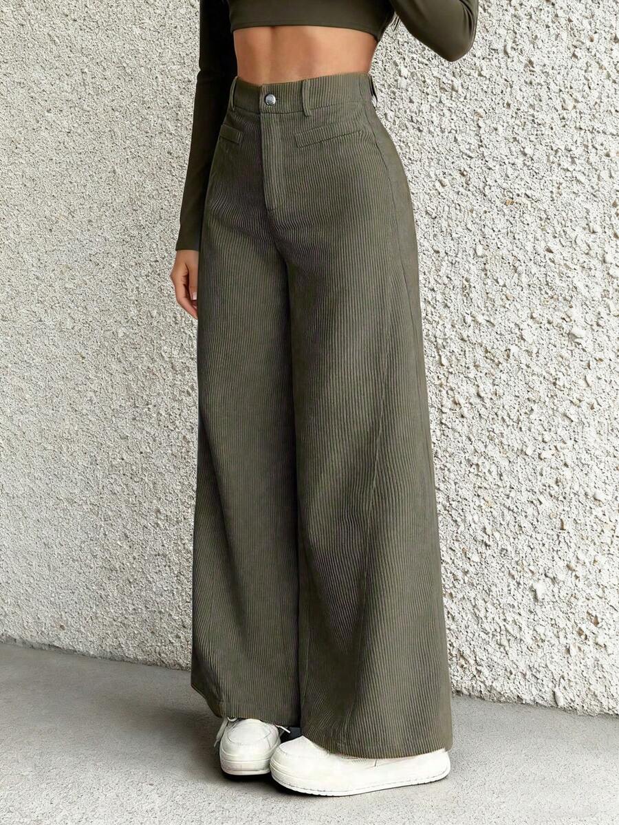 Women's Casual Pants, Elastic Waist Corduroy Patchwork Wide Leg Pants With Pockets, Suitable For Daily Wear, Winter Clothing - Army Green - View 1