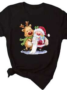 Merry Christmas Holiday Tshirts Funny Cartoon Santa Reindeer Printed T-Shirt Female Fashion Kawaii Thirt - 黑色 - 查看 1