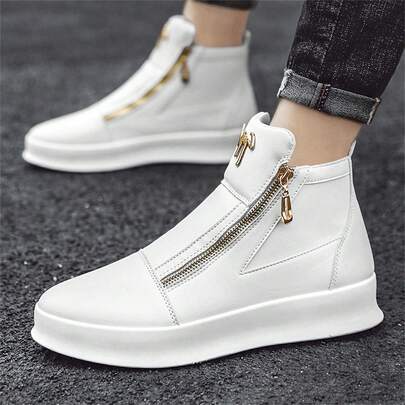 Men's Low-Top Casual Sneakers With Double Zipper Closure, White & Golden Accents - Breathable, Durable PVC Sole For All-Season Outdoor & Urban Wear