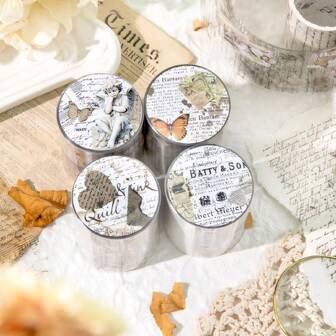 50mm*2m Vintage English PET Adhesive Stickers For Scrapbooking, Journaling & DIY Crafts, Transparent Background, Journaling Stickers | Decorative Tape | Plastic Sticker Tapes Holiday Decorations Christmas Halloween Valentine's Day