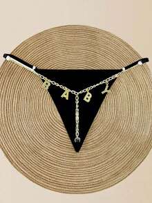 Customized Funny Thong, Gold & Silver Pendant Lettering Customizable Name, Sexy Personalized Thong, Can Customize Any Name, Couple Gift, Christmas Costume, Christmas Gift, Merry Christmas, Customized Christmas Sequin Colorful Lingerie, Gift For Girlfriend, Living Room, Bedroom, Anniversary, Birthday, Holiday, Dog, Colorful, Cute, Charming - Black - View 5