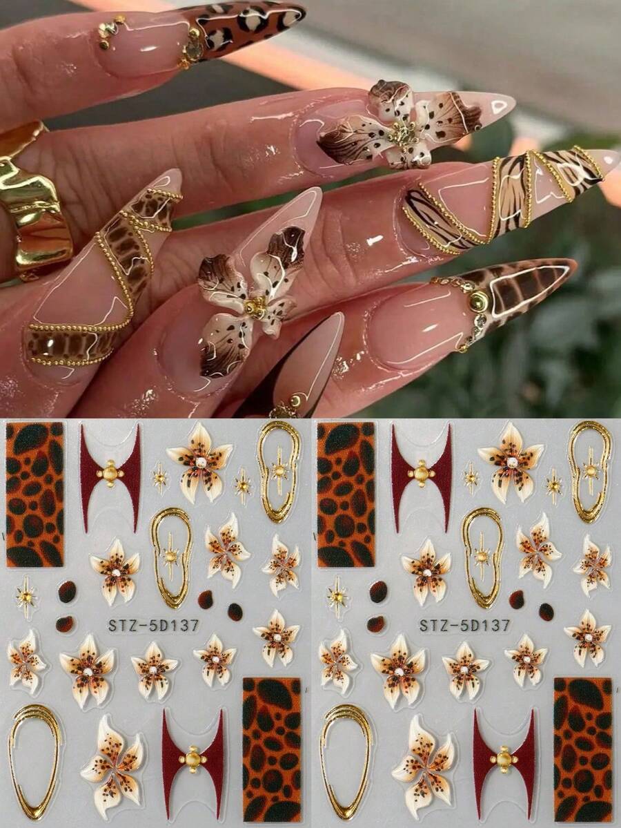 2PCS Brown Jelly Flower Nail Stickers 5D Lily Nail Decals Self-Adhesive Summer Sticker For Nails Leopard Print Gold Border Floral Nail Art Supplies For Women Nail Decorations Charms Accessories - 彩色 - 查看 1