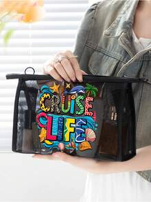 Large Capacity Mesh Bag Set, Printed With Colorful "Cruise Life" Text And Leopard Print, Decorated With Cute Beach Scene, Dolphin And Seashell On Wave Patterns, Mesh Beach Tote Bag, Mesh Cosmetic Storage Bag - Multicolor - View 8