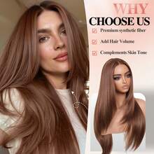 26 英寸 Yaki 直发假发 中分分层假发 女士合成纤维发质 脸部框架分层剪裁假发 长直发假发 渐变棕色分层鲍勃假发 棕色/金色 别致时尚的分层渐变假发 日常生活或派对用假发