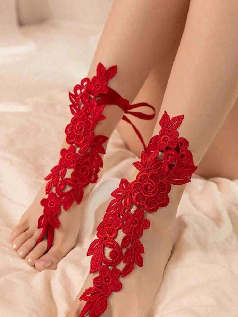 Lace Hollow Ankle Chain, Sexy Lingerie Leg Chain Anklet, Erotic Accessory - Red - View 1