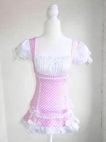 Kawaill Lolita Style 2 Piece Set Outfits Y2k Gingham Puff Short Sleeves Crop Tops + Lace Trim Mini Dress Women Sweet Outfits - 粉色 - 查看 2