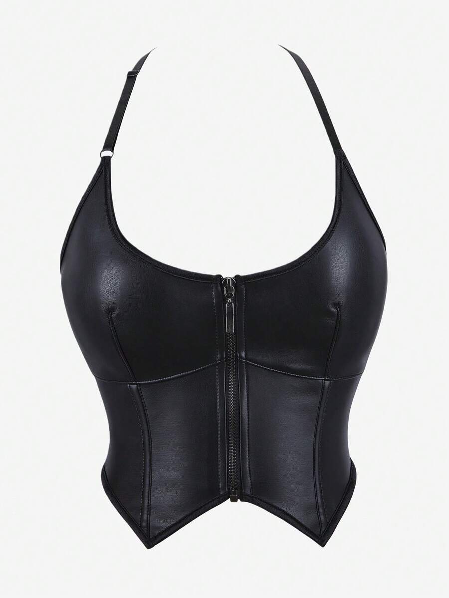 Black Spaghetti Strap Corset Top, Sleeveless Bustier Crop Top, Clubwear, Punk Rave, Adjustable Spaghetti Straps - Black - View 1