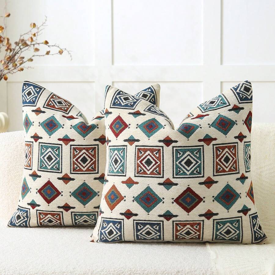 1pc Chenille Jacquard Pillow Cover (Pillow Insert Not Included), Bohemian Middle Eastern Style Decorative Cushion Cover, Suitable For Sofa, Bed Pillows, Home Holiday Decor, All Seasons, Beige Geometric Diamond Pattern - Geometric Beige - View 1