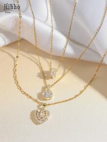 Hihho 3 件套优雅时尚百搭锆石水晶镶嵌蝴蝶、心形、花朵组合吊坠项链套装，适合女士日常佩戴、节日聚会、礼物 - 金黃色 - 查看 11