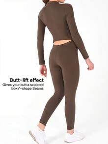 3 Pieces Of Women's Sports Solid Color POLO Collar Zipper Long Sleeved Slim Fit Jumpsuit, Suitable For Sports Yoga, Running, Fitness, Daily Leisure, And All Seasons - 咖啡棕 - 查看 7