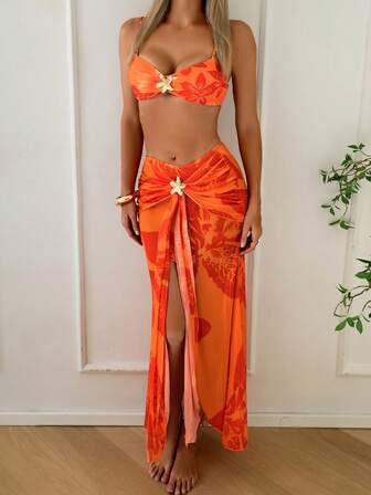 New European & American Style 3 PiecesMesh Beach Maxi Dress, Fashionable Printed Sexy Beach Resort Bikini Swimsuit
