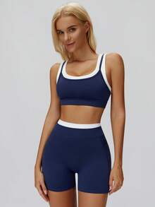 MASKERT Short de sport taille haute pour femmes, design de bande de taille color-block, ajusté et galbant, pour le yoga, le fitness et le cyclisme en été - Bleu marine - Voir 5