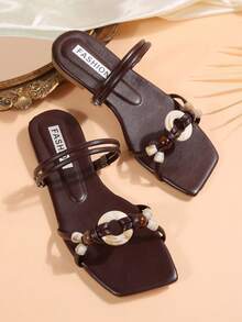波西米亚风串珠绑带时尚方头平底凉鞋，适合女士春夏穿搭 - 咖啡棕 - 查看 2