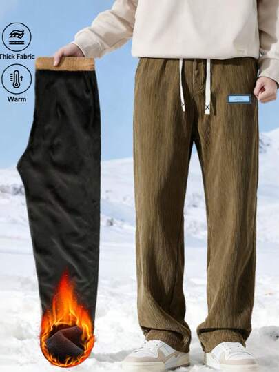 Autumn/Winter Vintage Loose Straight Leg Cargo Pants, Drawstring Waist, Casual Loose, Streetwear Style, Comfortable Corduroy Thick Lining Men Trousers