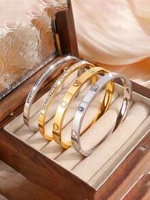 1pc Stainless Steel Fashionable Versatile Heart-Shaped Rhinestone Bracelet, Suitable For Daily Wear - Yellow Gold - View 1