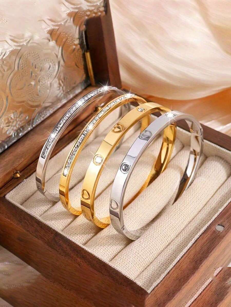 1pc Stainless Steel Fashionable Versatile Heart-Shaped Rhinestone Bracelet, Suitable For Daily Wear - Yellow Gold - View 1