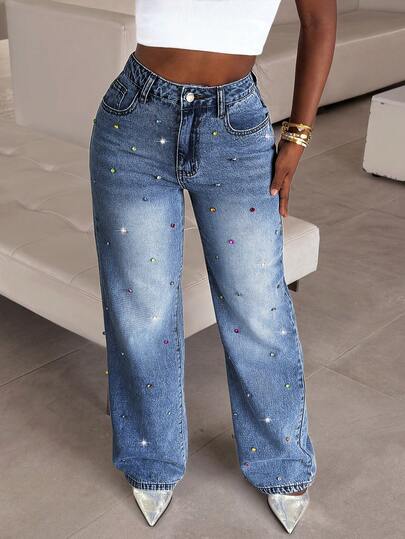 Women's Medium Blue Vintage Crystal Embellished Cotton Straight Leg Jeans - Elegant For Party And Everyday Wear