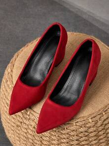 MonaNise Women's Pointed Toe 7cm Chunky High Heel Casual Party Dress Pumps, Versatile For All Seasons - Red - View 3