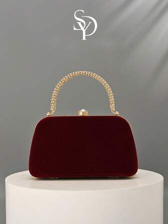 Bolso de mano de terciopelo de moda retro para mujer SHENGDAYU, diseño de correa de muñeca de metal, estilo europeo y americano, bolso cuadrado minimalista de alta gama, adecuado para bodas, galas, eventos formales, fiestas, se puede usar como bolso de hombro, incluye correa de hombro de cadena de alta calidad