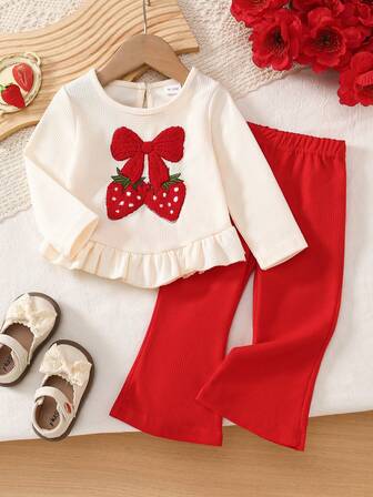 2pcs Baby Girl Casual Cute Apricot Round Neck Strawberry Bow Embroidery Long Sleeve Ruffle Hem Top And Red Flare Pants Set, Spring/Autumn