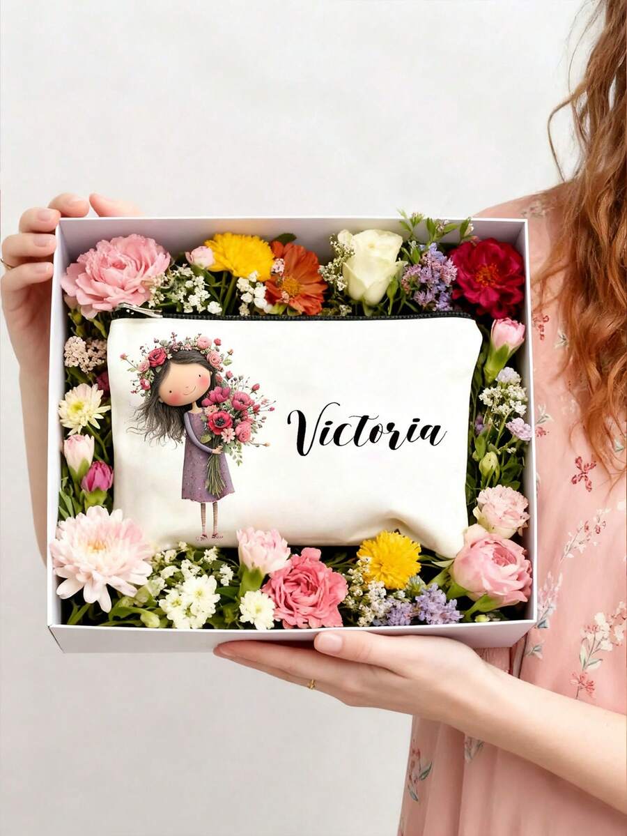 Personalized Canvas Makeup Bag For Women With Custom Name, Custom Gift Bag, Toiletry Bag, Women'S Wallet, Unisex, Cute, Unique Customized Bridesmaid Gift, Winter Fashion, Christmas/Valentine'S Day Gift, Travel Bag Ideal Gift For Family, Friends, Girlfriend Anniversary