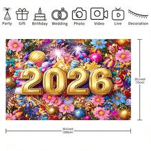 优雅的 2026 新年庆祝背景幕布，饰有金色气球、烟花和花卉图案 - 浅粉色/蓝色/紫色/金色/桃色派对装饰，中心装饰有数字 2026 - 室内/横幅，适用于婚礼、生日、新年、情人节、春/夏/秋季活动，有多种尺寸可供选择。 - 彩色 - 查看 10