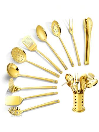 11 piezas Juego de utensilios de cocina de acero inoxidable montado en la pared, con cubo de almacenamiento para ahorrar espacio, incluye cuchara, espátula, cucharón, pinzas, tenedor para carne, machacador de patatas, batidor, herramientas de cocina y repostería, adecuado para la cocina y el comedor del hogar