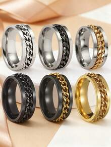 1 Set (5pcs/6pcs)Stainless Steel Rings With Rotatable Chain, Couple Ring, Multi-Functional Jewelry, Fashion 8mm Ring, Gifts For Men - 6PCS - View 2